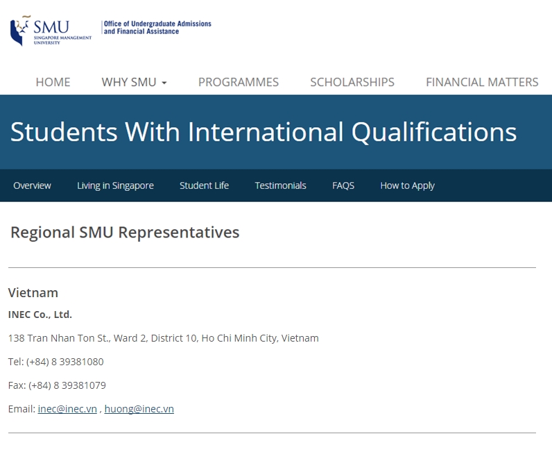 INEC là đại diện tuyển sinh duy nhất của Đại học Quản lý Singapore (SMU) tại Việt Nam