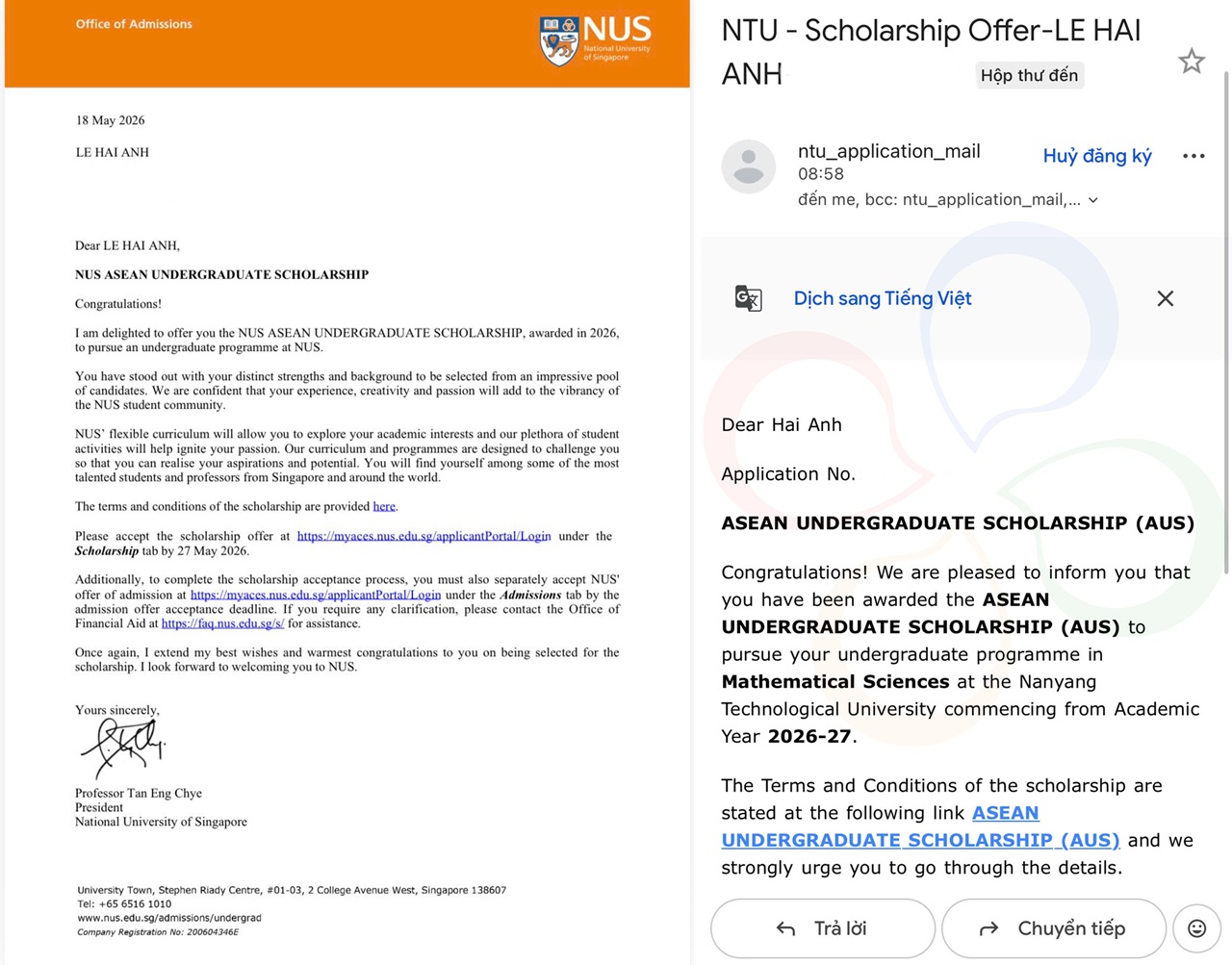 NUS & NTU - Học bổng ASEAN - Lê Hải Anh